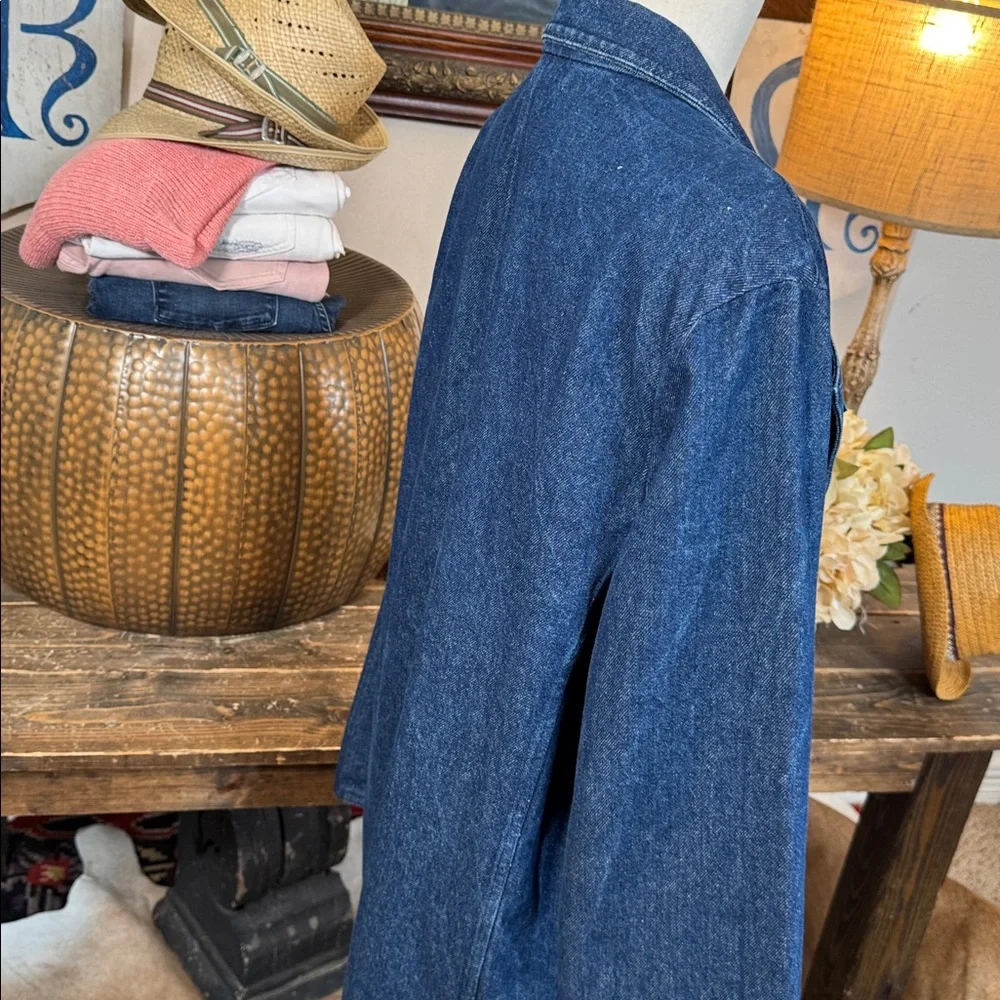 Vintage 80s Hunt Club Dark Blue Denim Blazer with Teal & Pink Accents
